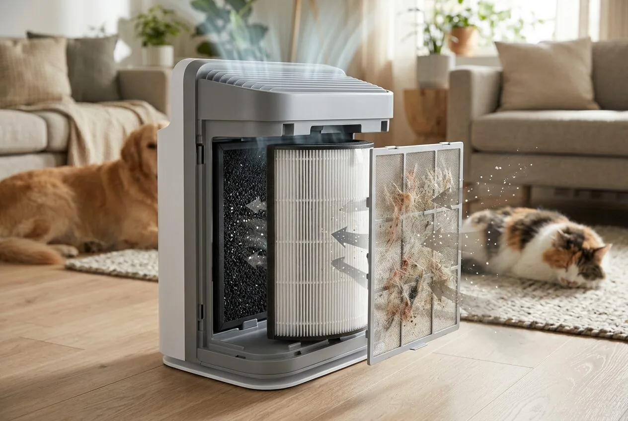 Diagram showing how air passes through pre-filter, HEPA, and carbon filters in an air purifier.