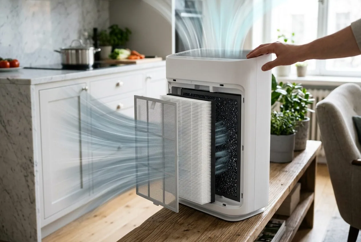 Diagram-style view of an air purifier's internal HEPA and carbon filtration system at work.