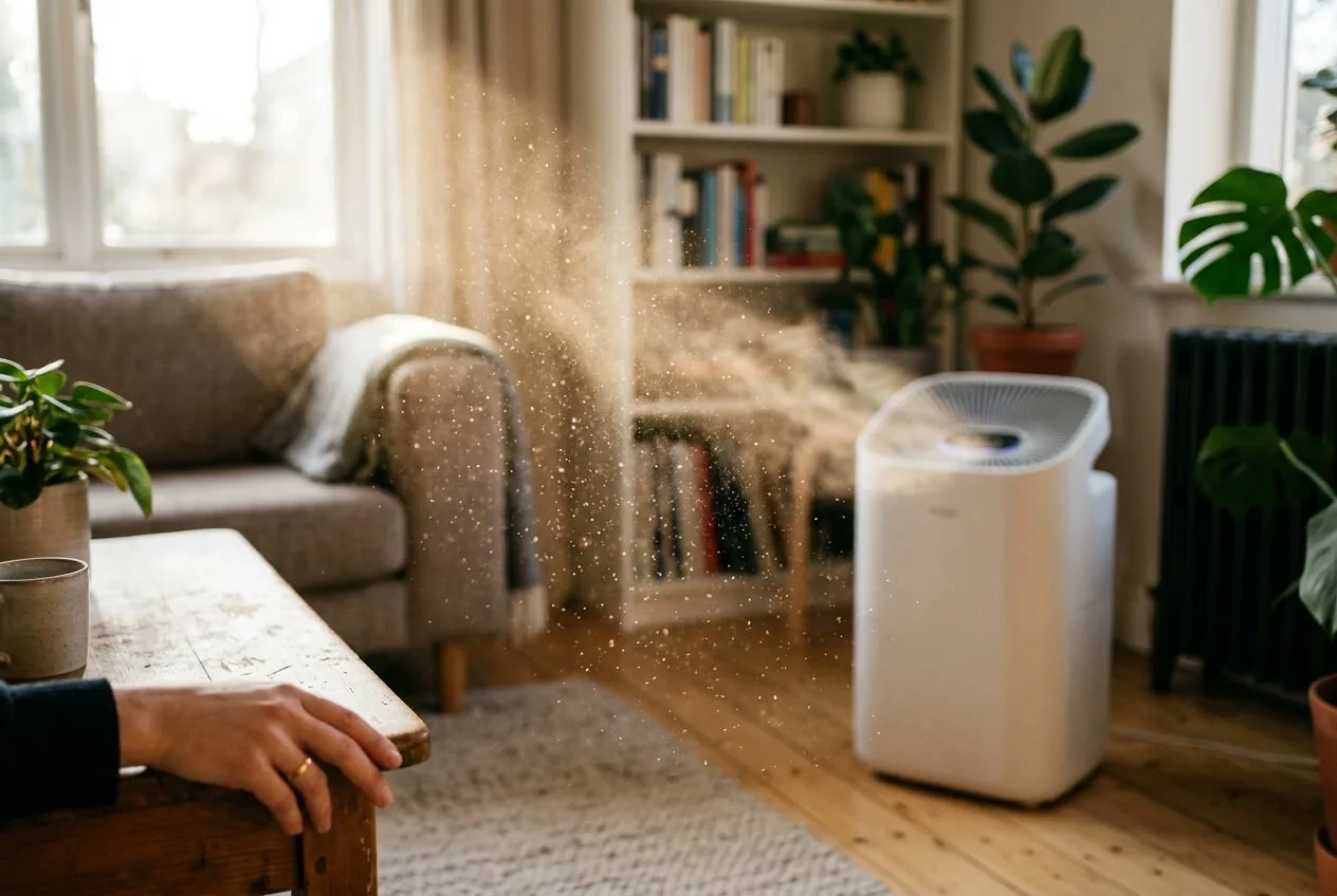 Dust particles visible in a sunbeam, illustrating the constant need for air filtration in a home environment.