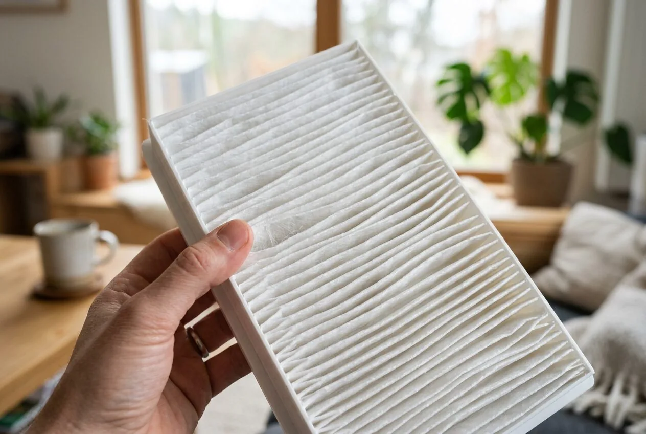 Extreme close-up of the dense, pleated material of a white HEPA air filter