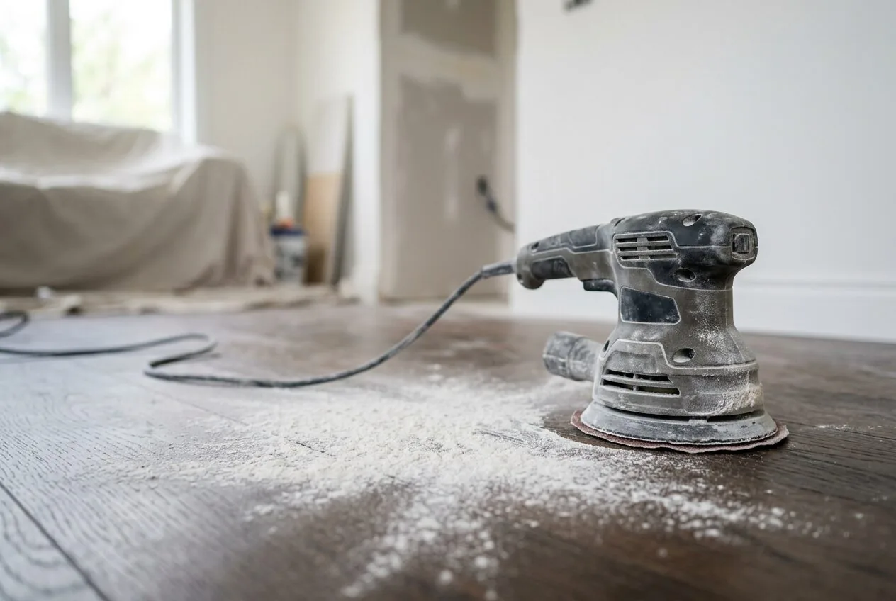 Fine construction dust from sanding drywall on a dark hardwood floor.