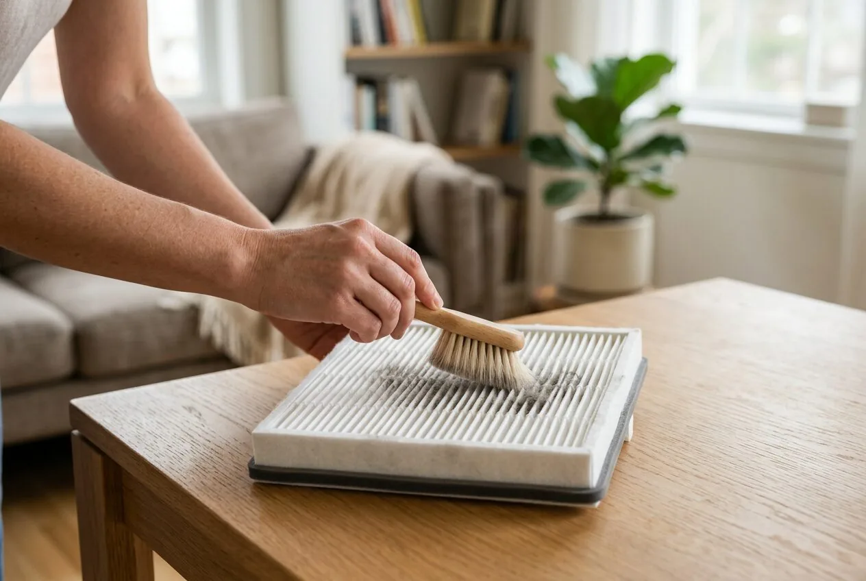 Hand maintaining a HEPA filter by gently brushing off accumulated dust.