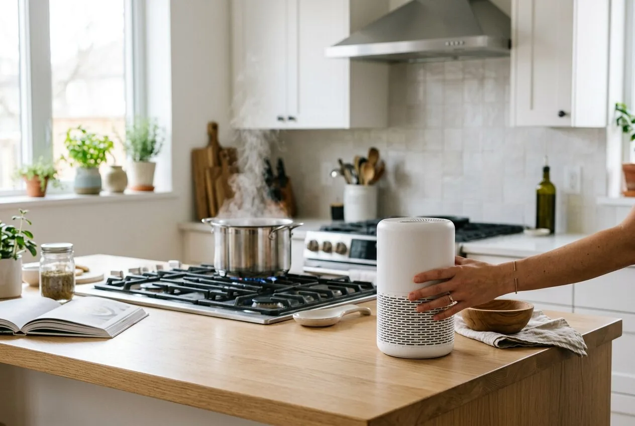 Hand placing an air purifier on a kitchen island counter at a safe distance from the cooking area.