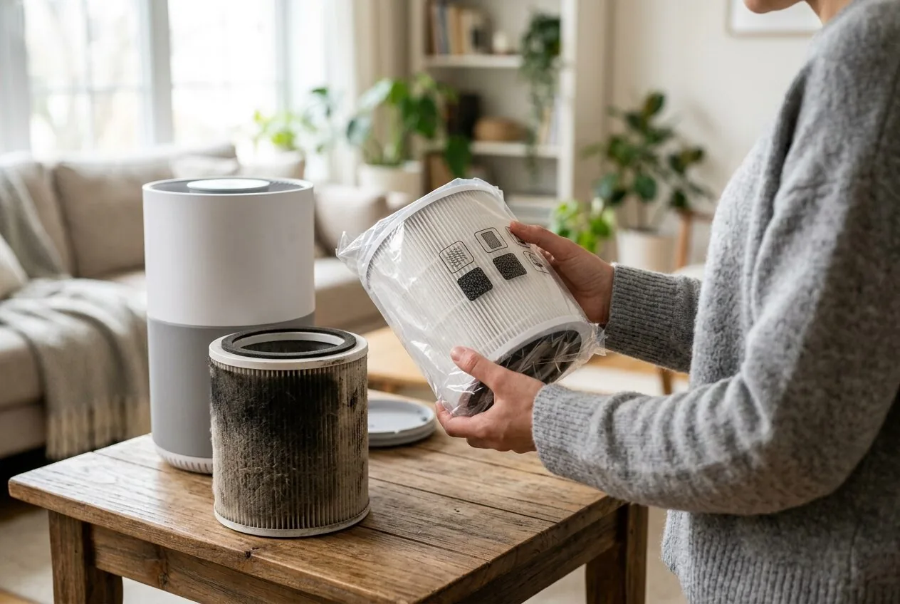Hands holding a new replacement air filter next to an air purifier