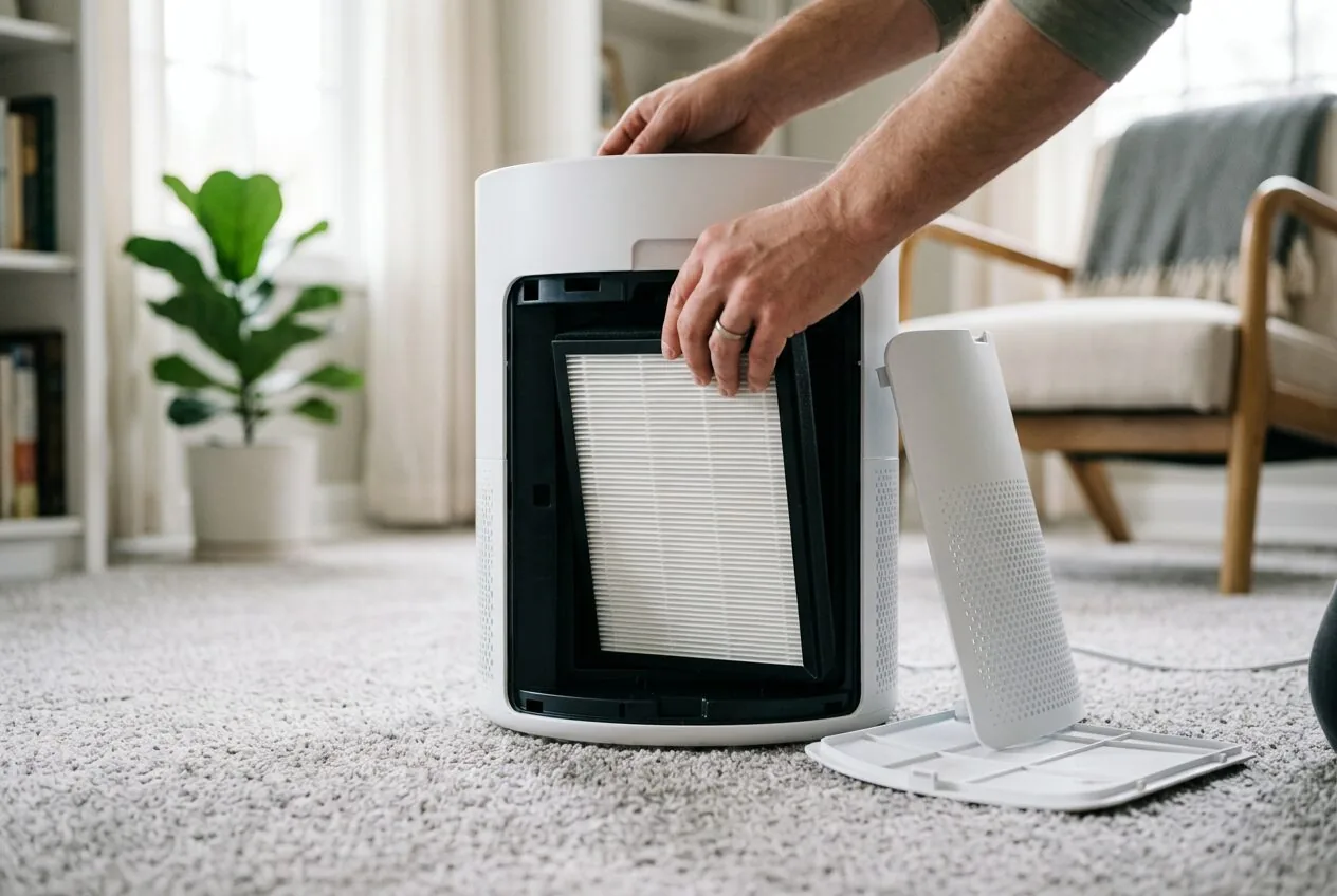 Hands installing a fresh replacement filter into an air purifier to restore its cleaning efficiency.
