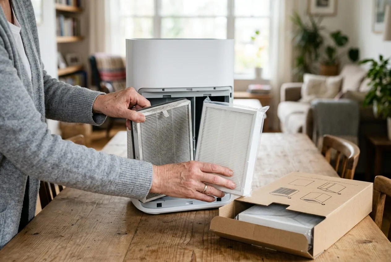 Hands performing easy filter replacement on an air purifier, demonstrating straightforward maintenance.