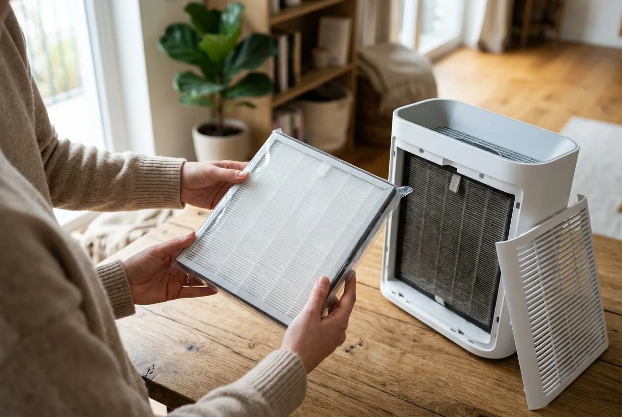 Hands preparing to replace an air purifier's HEPA filter to maintain its efficiency.