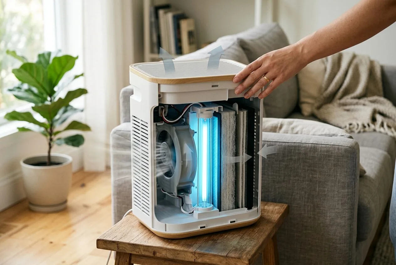 Illustration of air flow through a purifier passing a HEPA filter and a UV light for disinfection.
