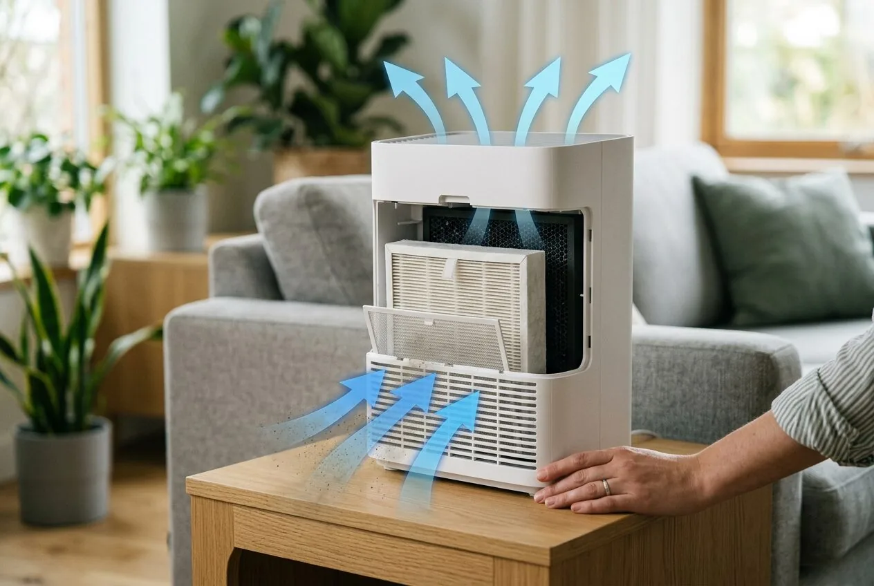 Illustration of how an air purifier's filtration process works to clean indoor air