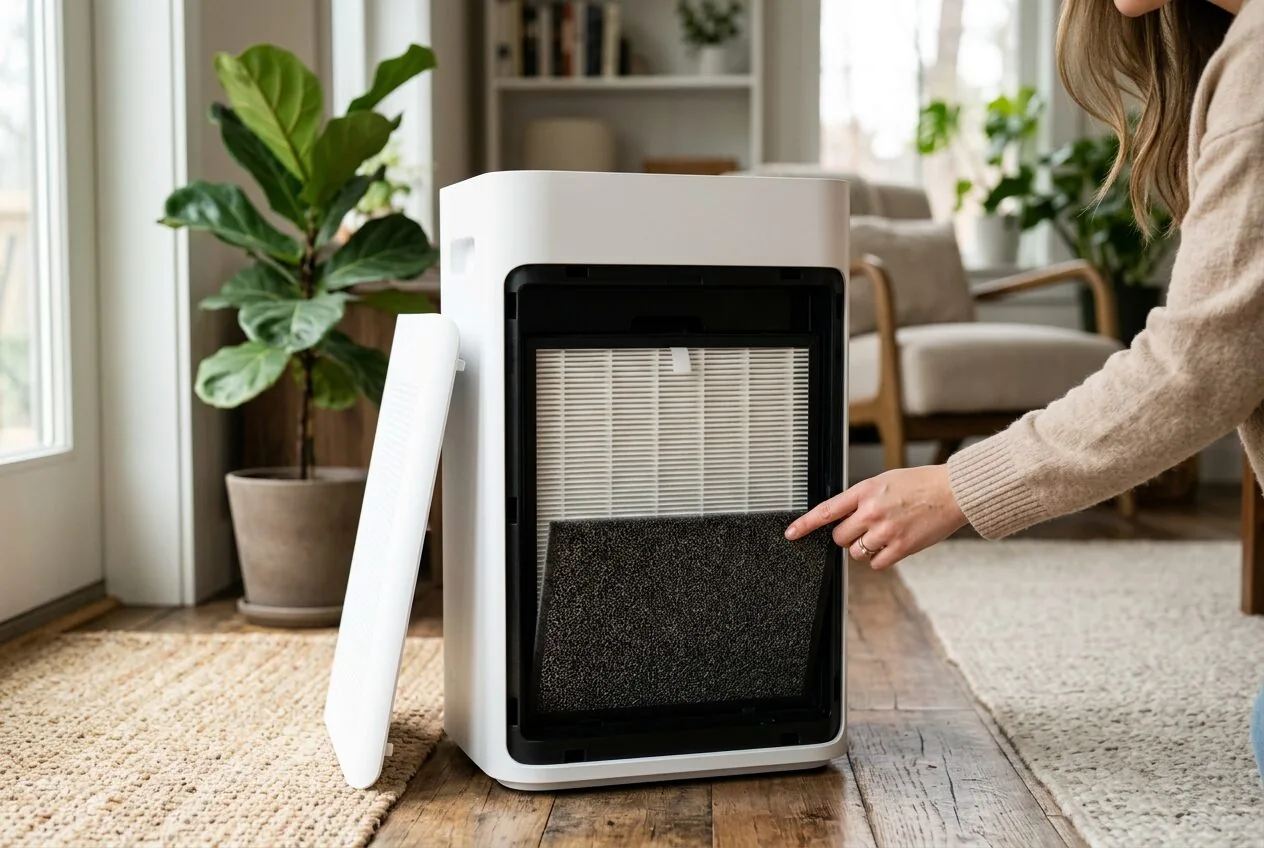 Inside view of an air purifier showing a combined HEPA and carbon filter installed