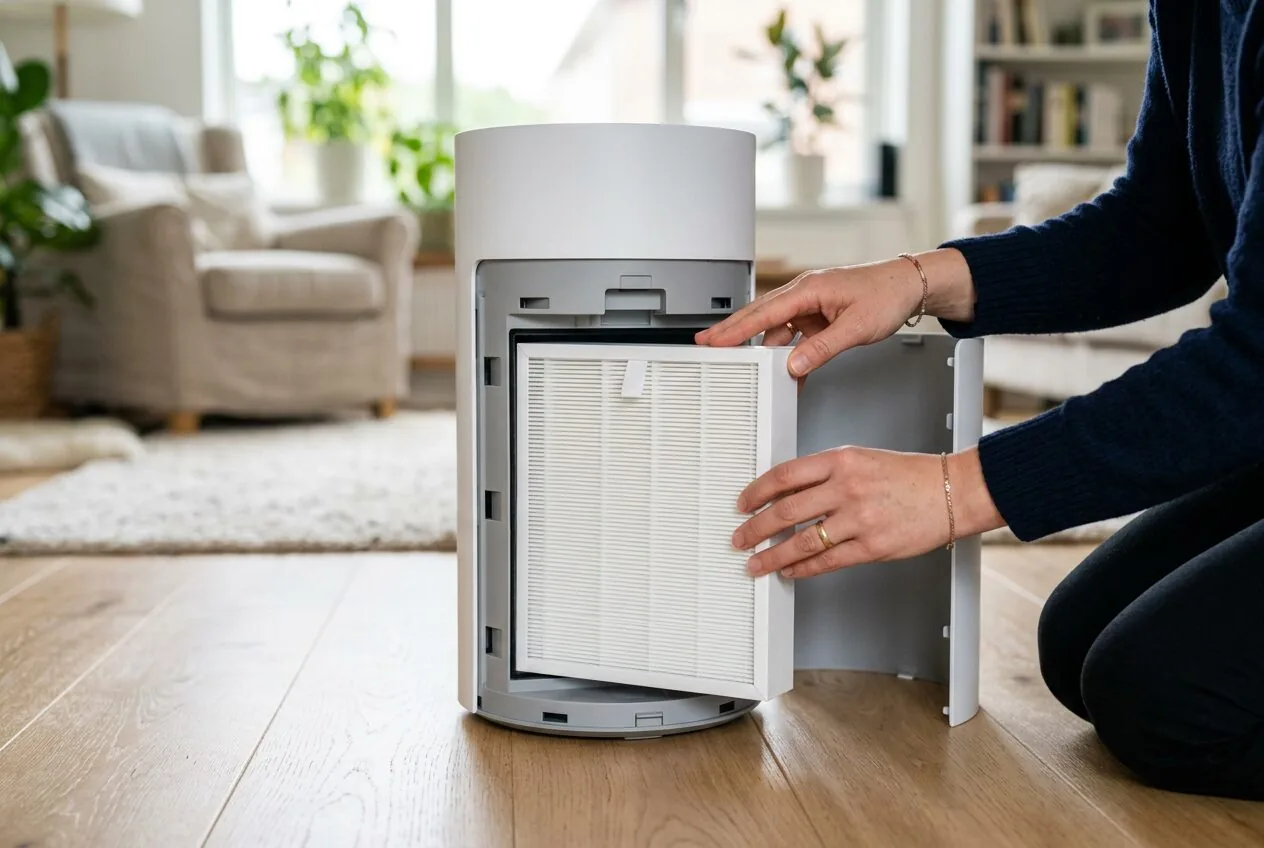 Installing a fresh HEPA filter into an air purifier for maintaining long-term allergy control.