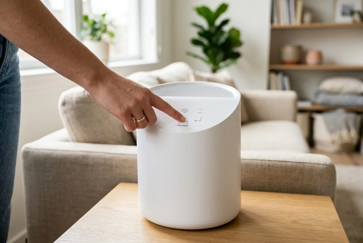 Maintaining an air purifier by resetting the filter indicator after a replacement to ensure optimal performance.