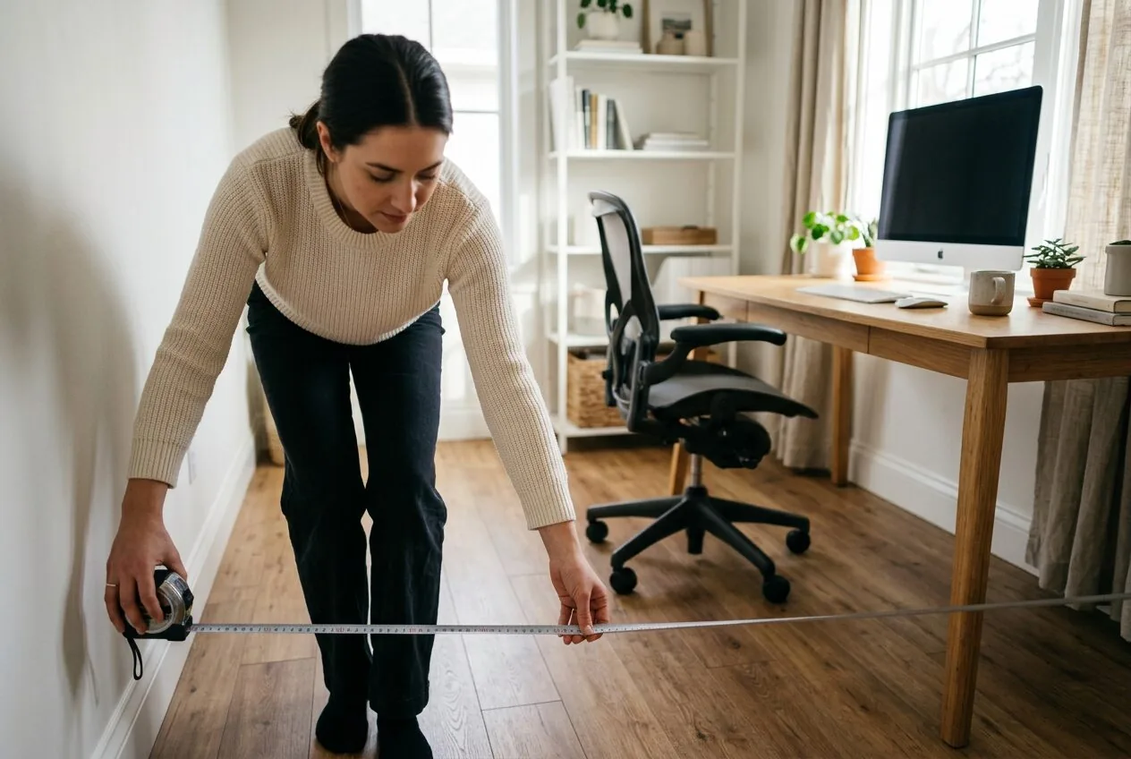 Measuring a home office space to determine the correct air purifier coverage area.