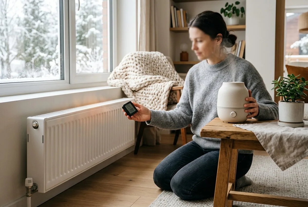 Monitoring and adjusting indoor humidity levels alongside using an air purifier for comprehensive winter air care.