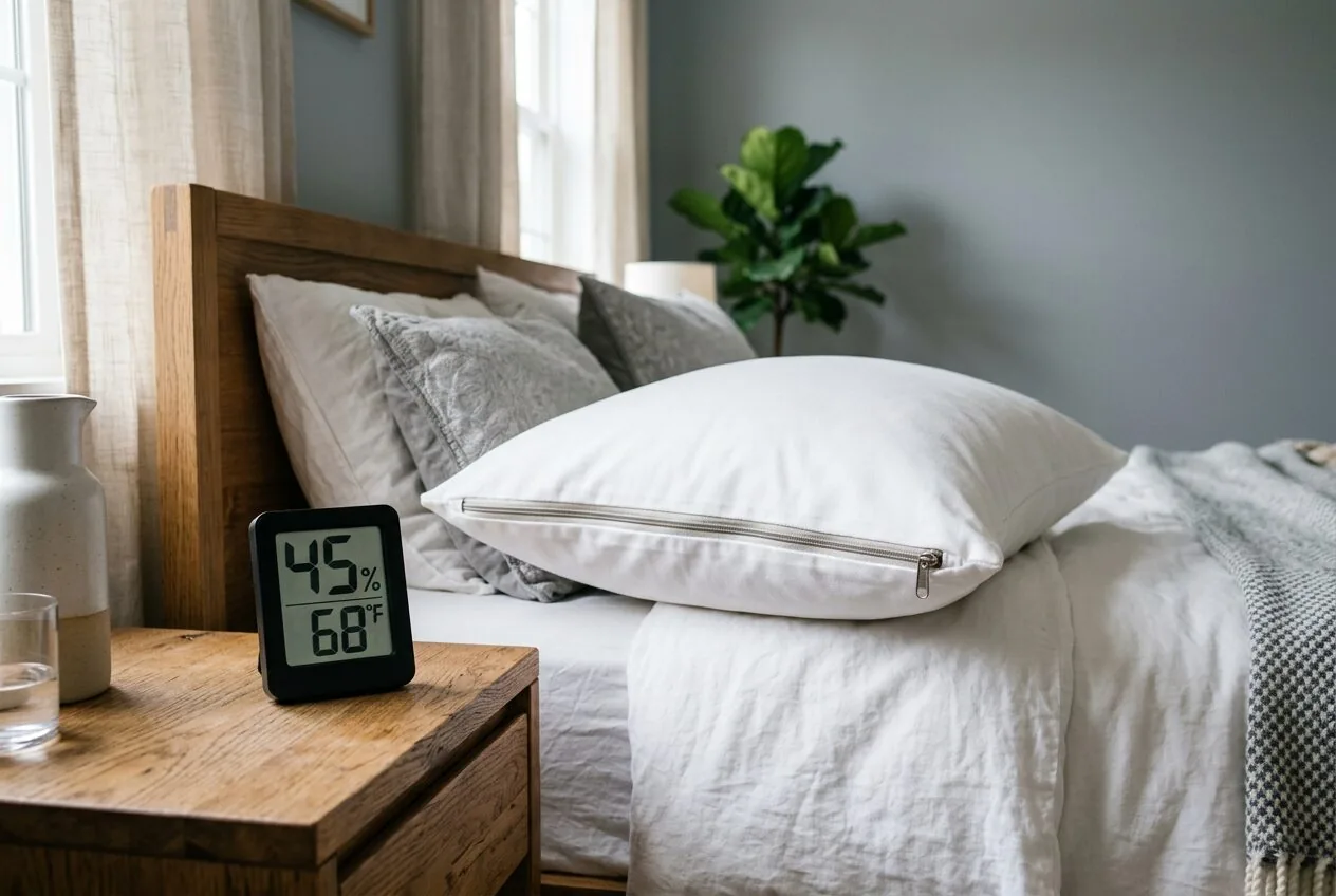 Monitoring home humidity levels and using allergen-proof bedding to create an allergy-safe bedroom.