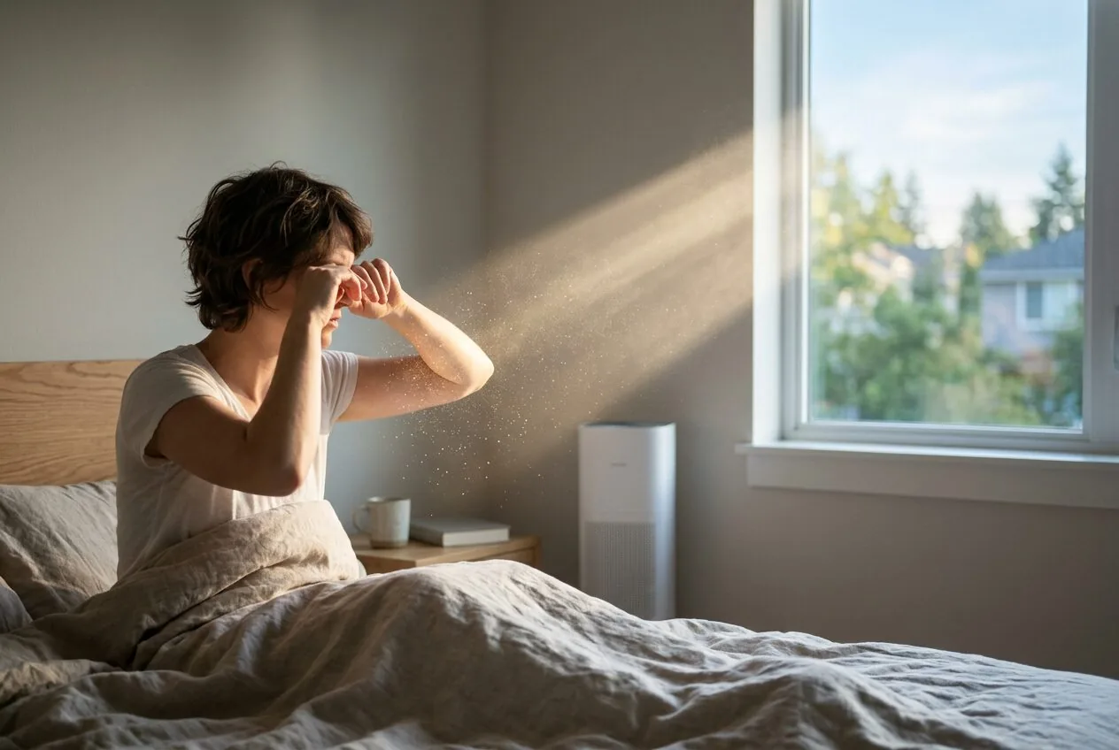 Morning sunlight in a bedroom revealing dust particles stirred up from bedding