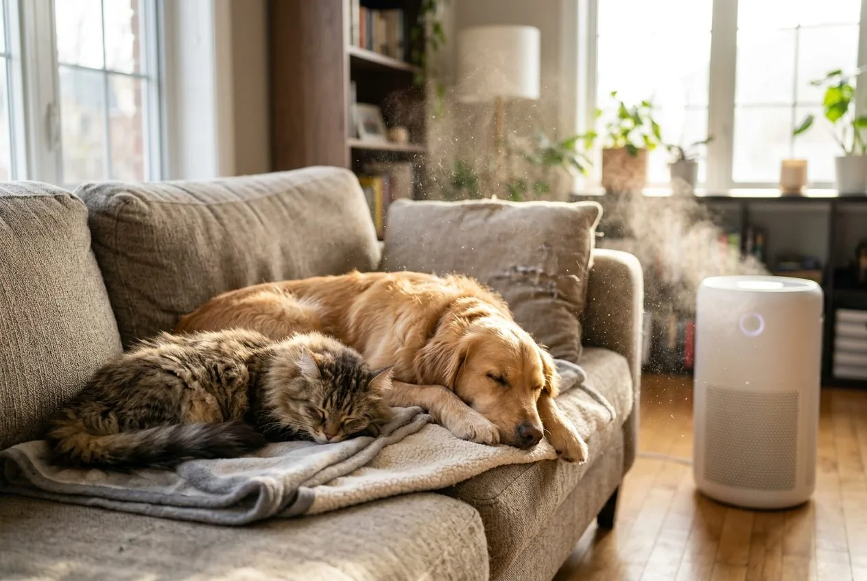 Multiple pets resting together, with visible airborne pet hair and dander highlighted in sunlight.