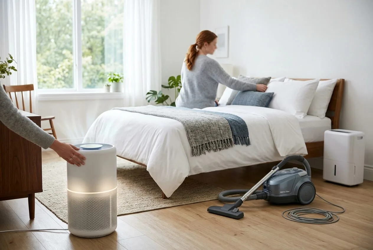 Multiple strategies for managing indoor allergies including air purification, cleaning, and humidity control
