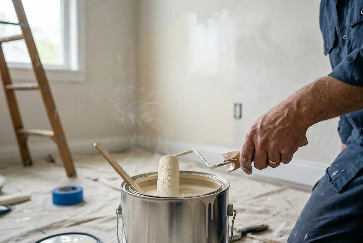 Paint can and roller showing the source of volatile organic compounds and fumes in indoor air.