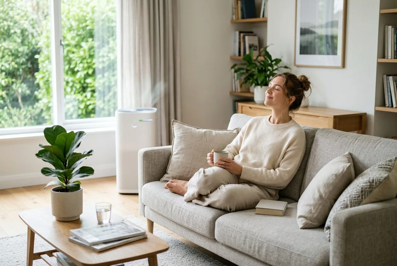 Person experiencing the benefits of cleaner air from an air purifier in their home