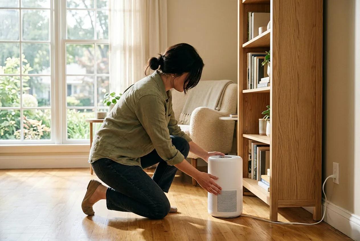 Placing an air purifier next to a new piece of furniture to tackle off-gassing at the source.