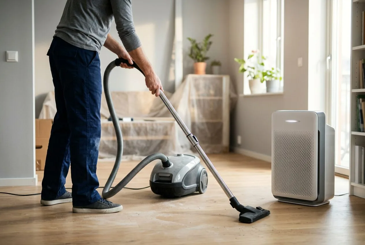 Post-construction cleaning with a vacuum and an air purifier running in a bright room.