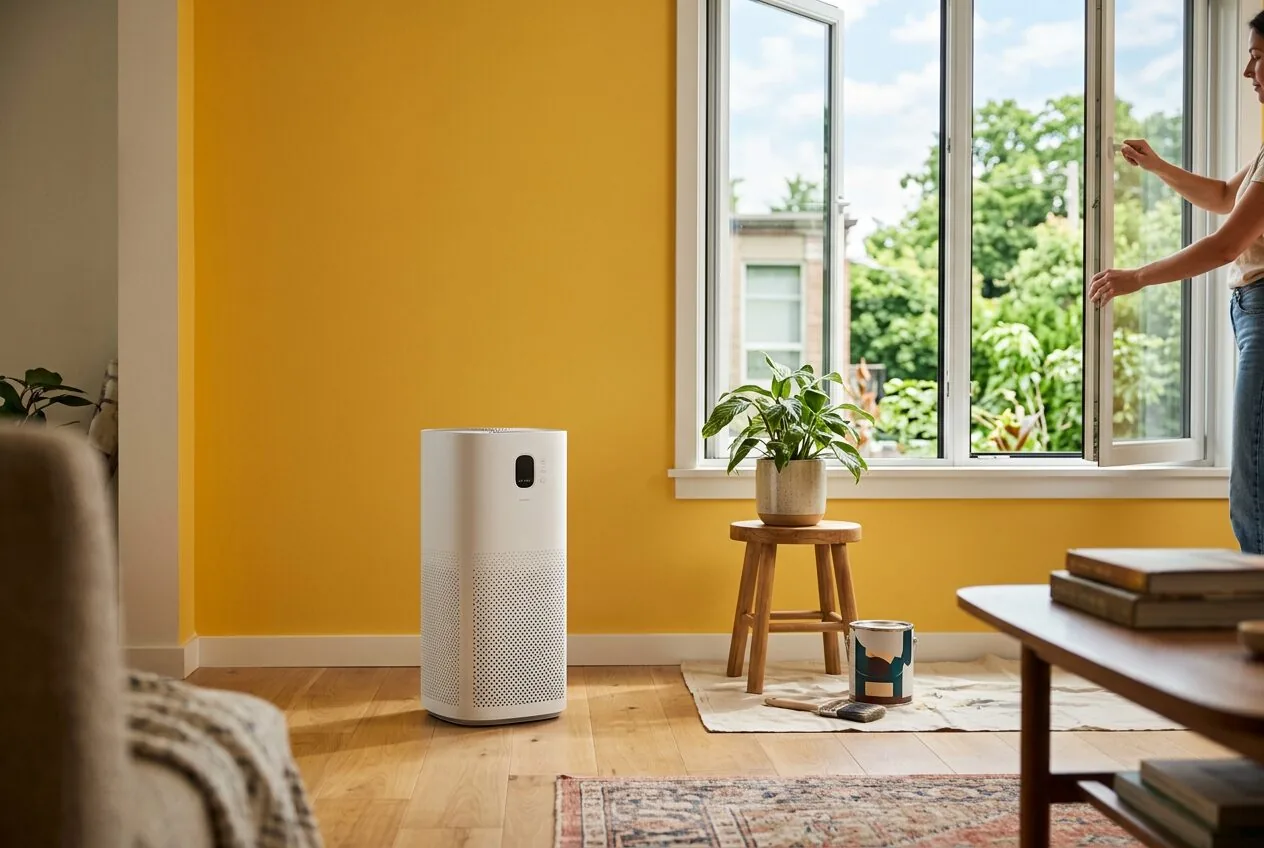 Proper placement of an air purifier in a freshly painted room with combined window ventilation.