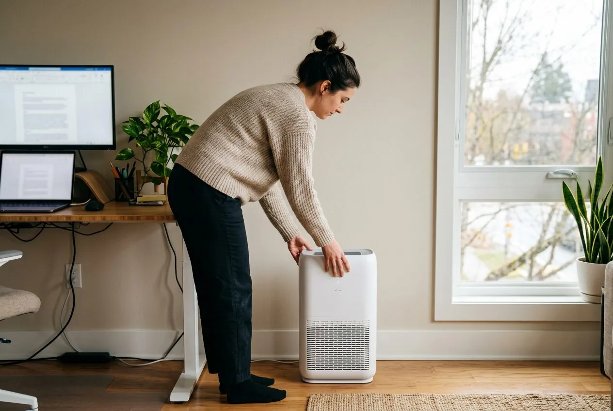 Proper placement of an air purifier in a home office, away from corners and furniture for best air circulation.