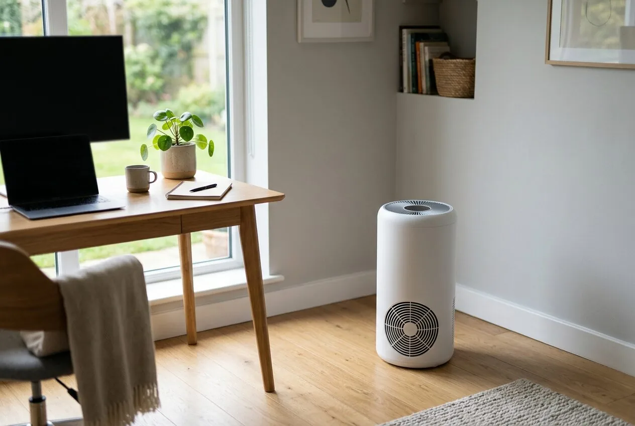 Proper placement of an air purifier in a room with adequate clearance for optimal airflow.