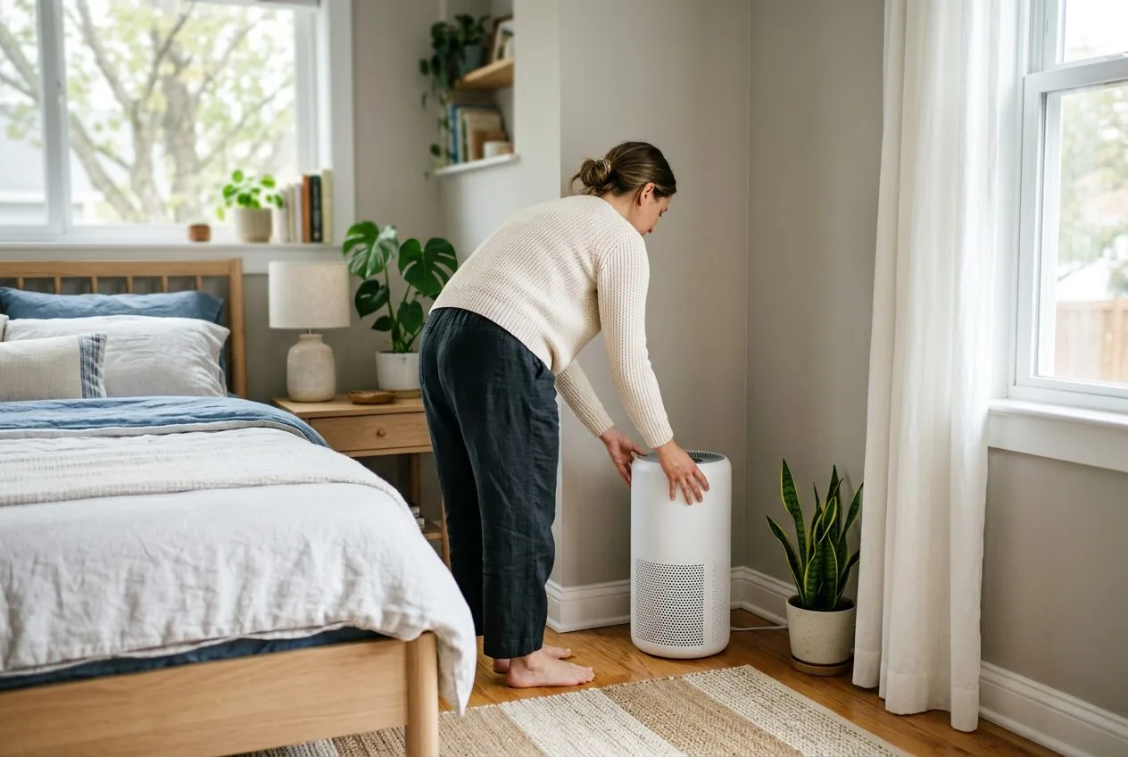 Proper placement of an air purifier in a bedroom to maximize air circulation and freshness.