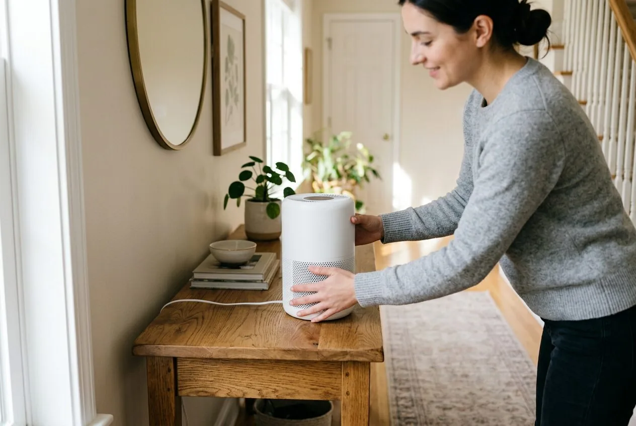 Proper placement of an air purifier in a home hallway with space for air circulation