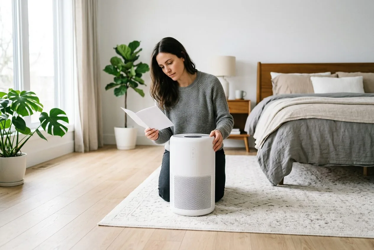Proper placement of an air purifier in the center of a room for optimal air flow and filtration.