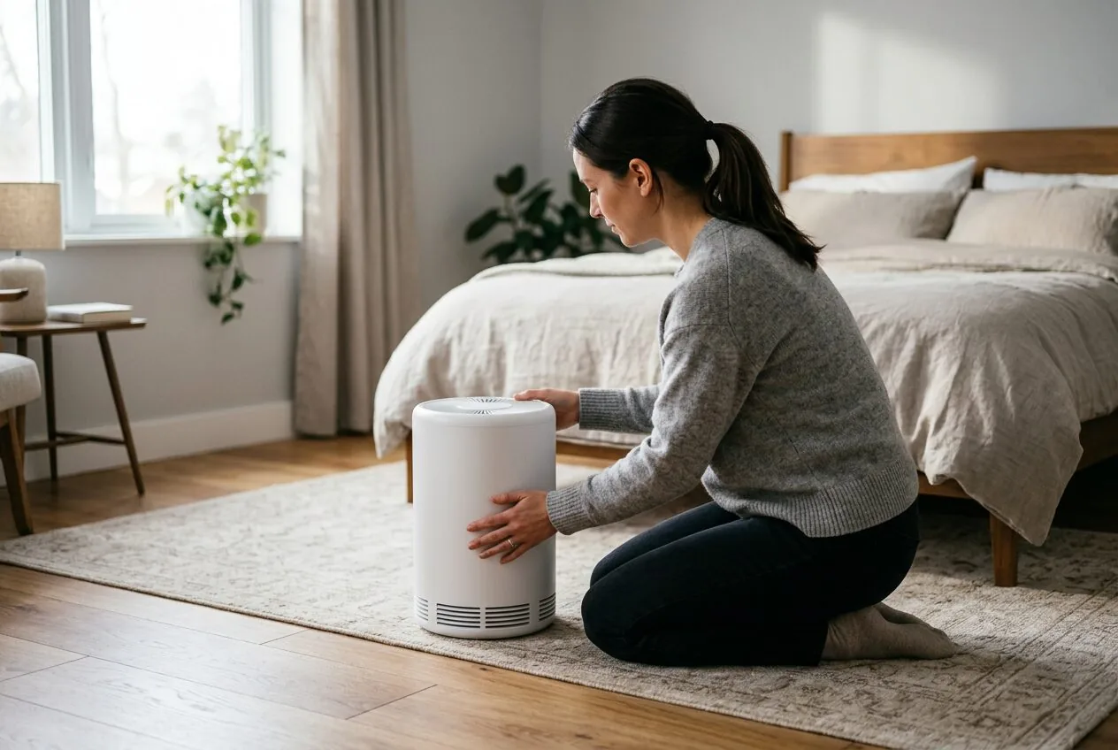 Proper placement of an air purifier in the center of a room for optimal performance in dust control.
