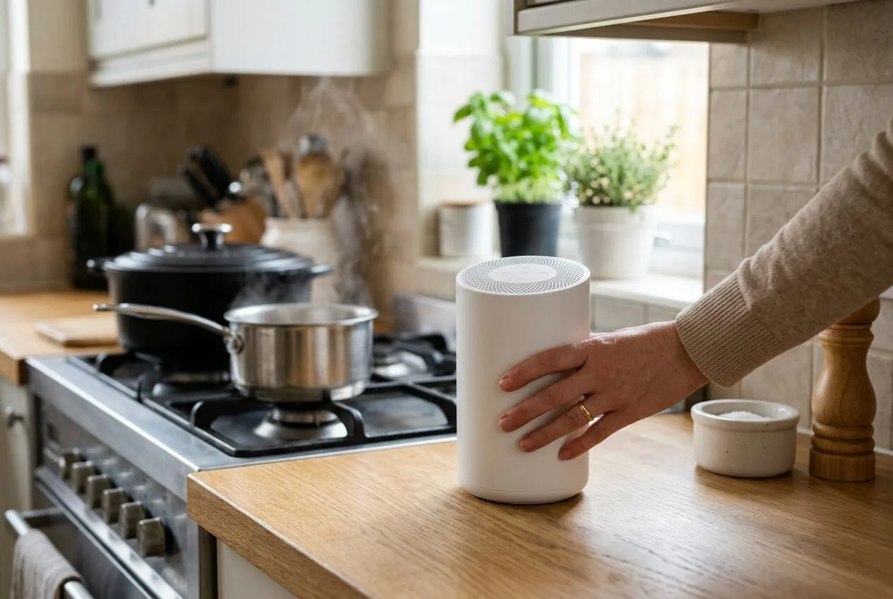 Proper placement of an air purifier on a kitchen counter away from the stovetop.