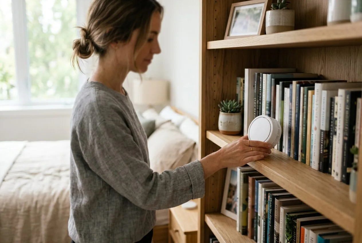 Proper placement of an indoor air quality monitor on a shelf in a bedroom.