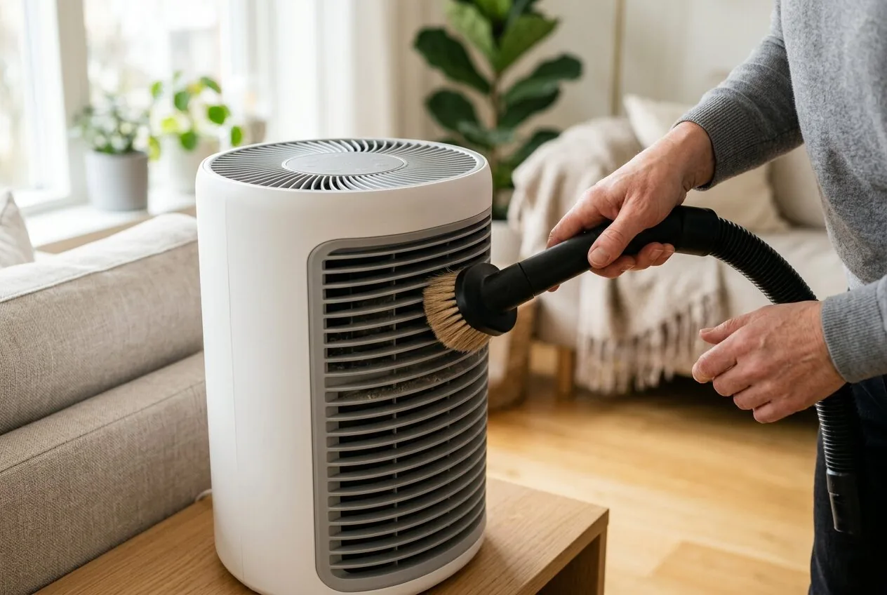 Regular maintenance of an air purifier's exterior vents to ensure optimal airflow and performance