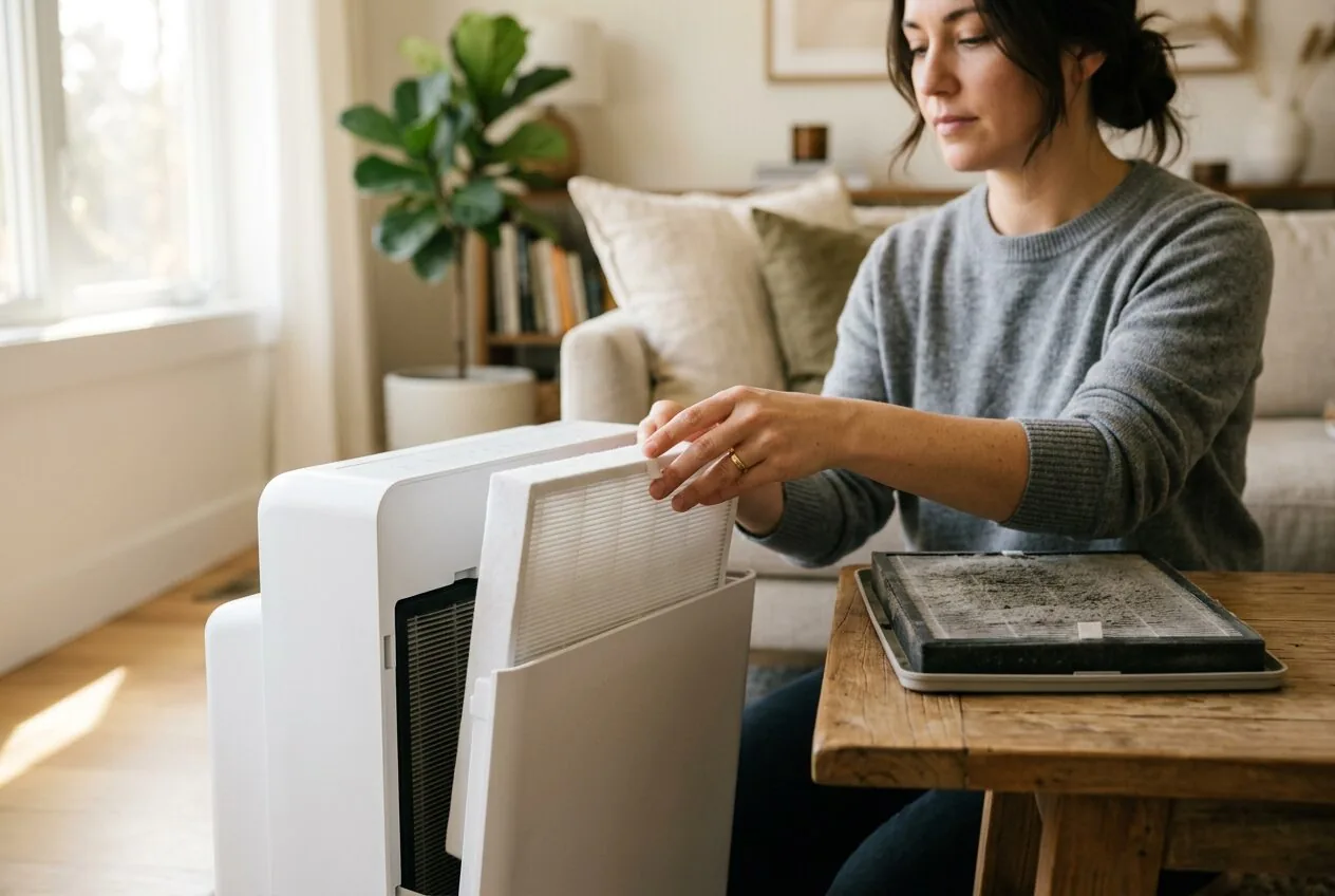 Replacing a used HEPA filter in an air purifier to maintain peak performance for allergy relief.