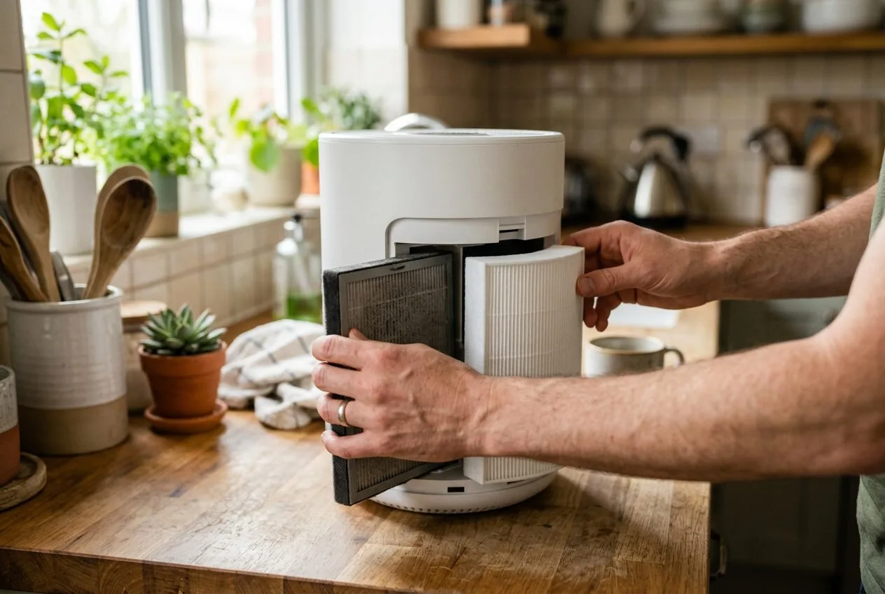 Replacing a used HEPA filter with a new one to maintain air purifier efficiency for dust removal.
