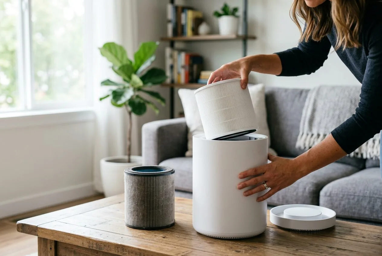Replacing an old air purifier filter with a new one to maintain effective bacteria removal.
