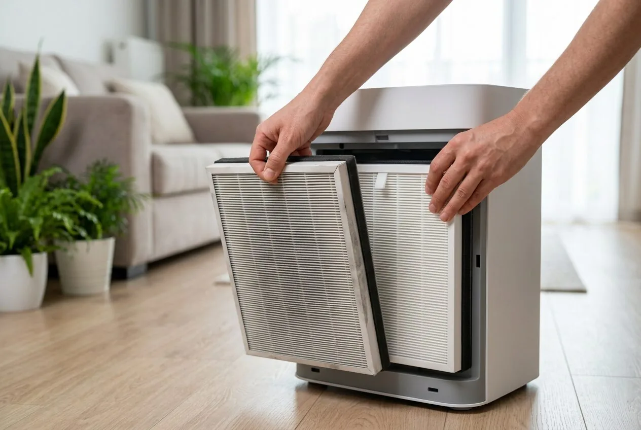 Replacing an old, used air purifier filter with a clean, new replacement filter.