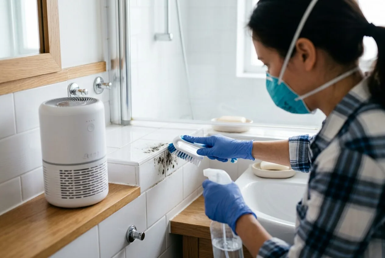 Safely cleaning existing mold growth from a non-porous surface like tile is a necessary step.