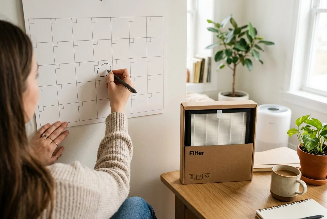Scheduling a future air purifier filter change on a calendar for proactive allergy management.