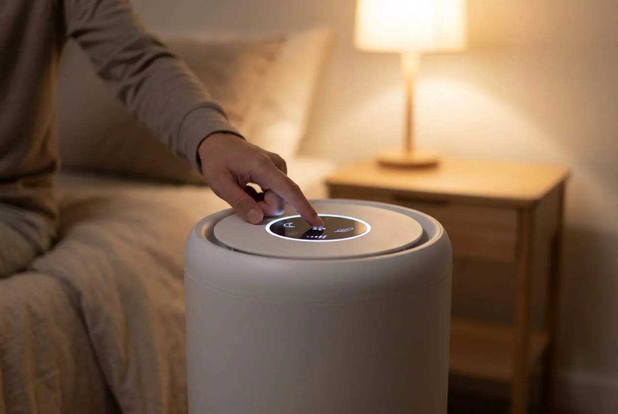 Setting an air purifier to quiet sleep mode for all-night allergy protection in the bedroom.