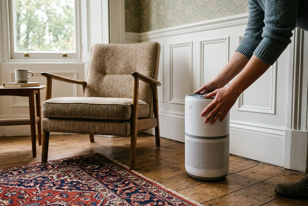 Setting up a contemporary air purifier in a room with classic architectural details like wainscoting.