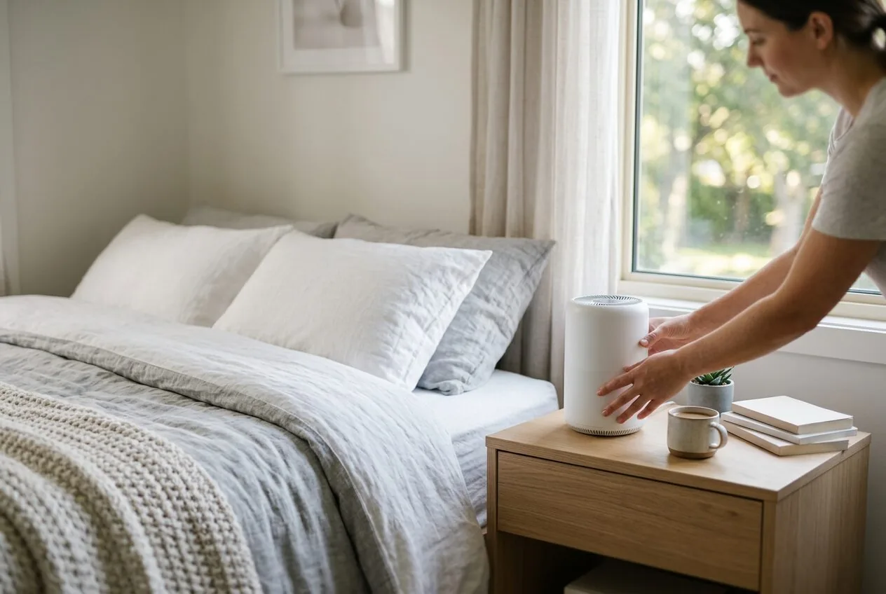 Setting up an air purifier in a bedroom for nighttime allergy relief and cleaner air while sleeping