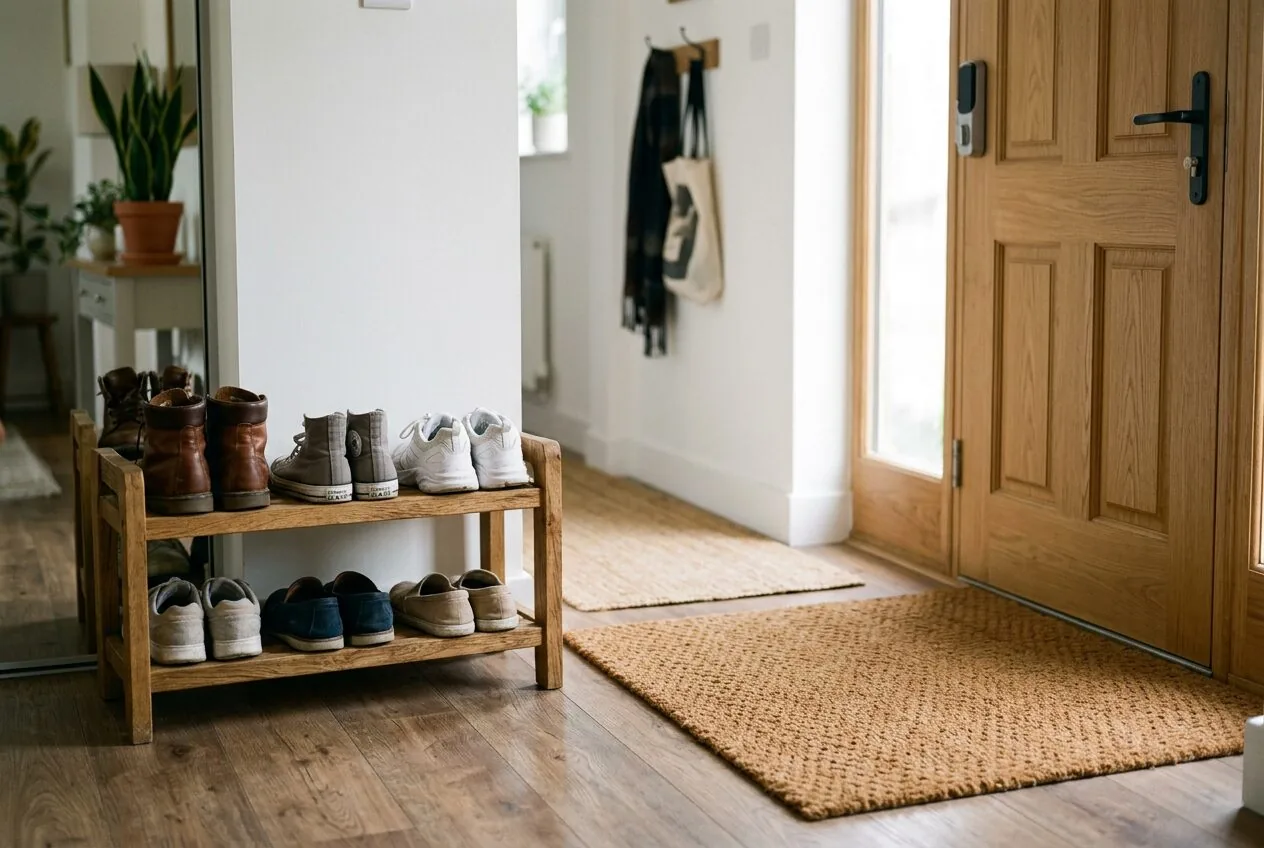 Shoes left at the entrance on a quality doormat to prevent outdoor dust from entering the home.