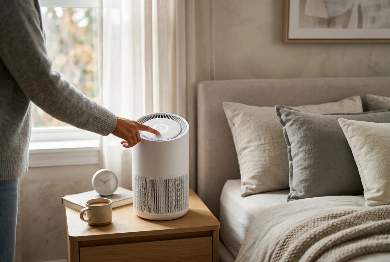 Someone turning on an air purifier in a bedroom to maintain clean air throughout the night.