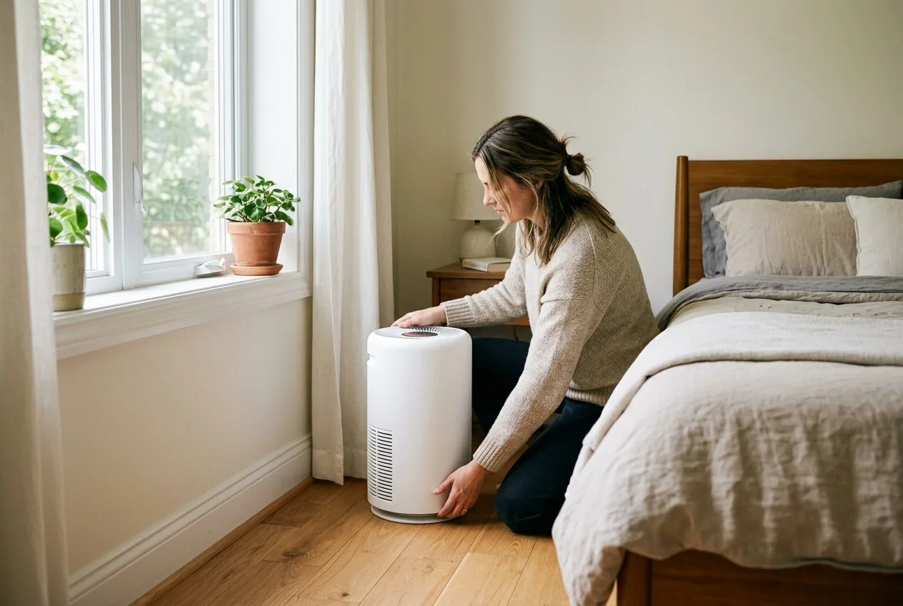 Strategic placement of an air purifier in a bedroom for overnight allergy protection