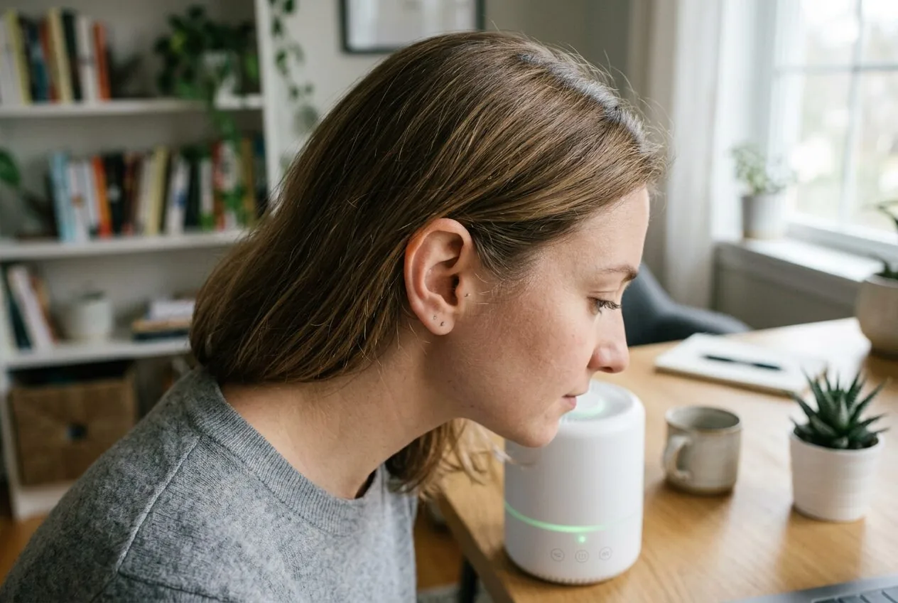 Testing the noise level of an air purifier in a quiet home office environment.