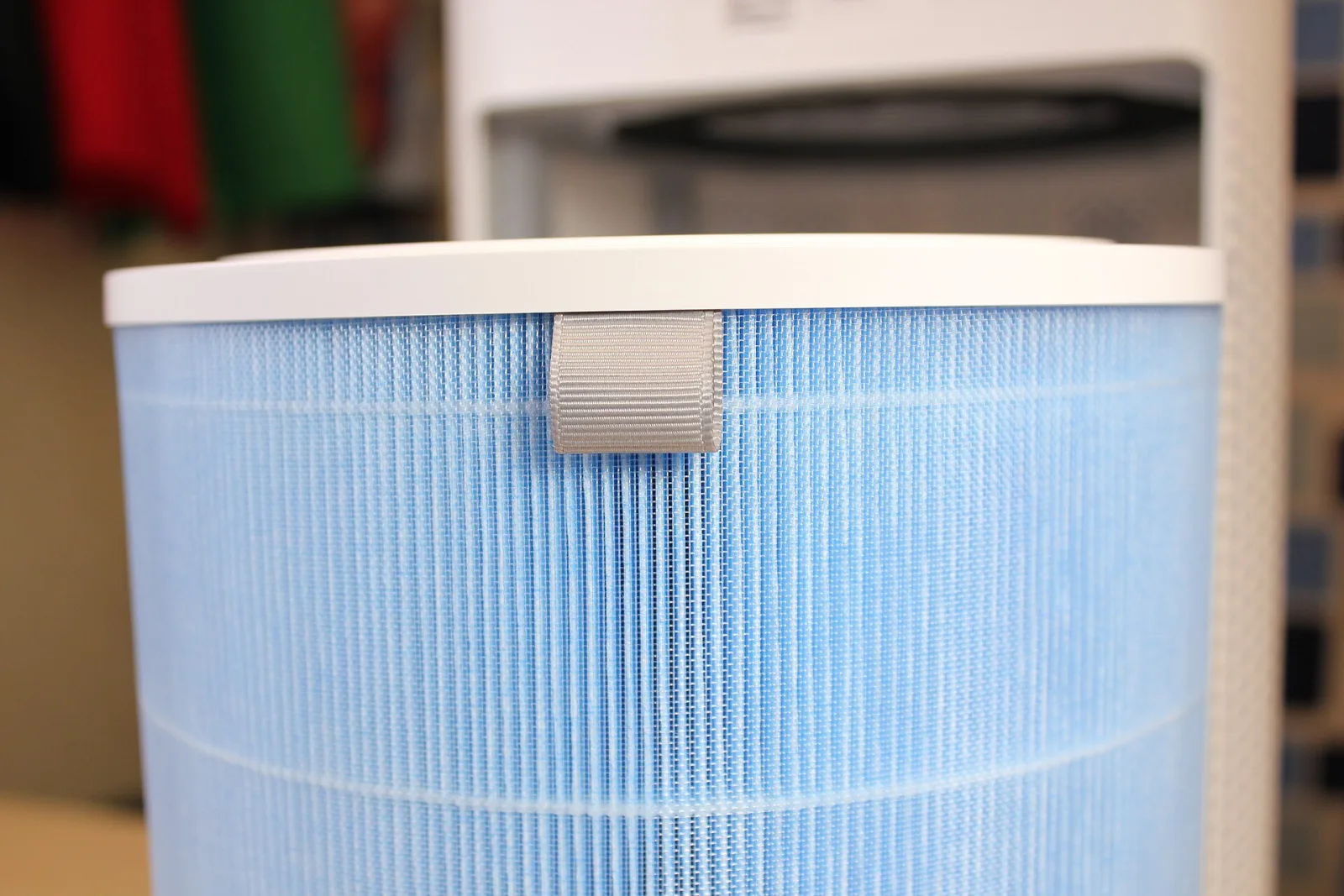 Close-up of the pleated fibre media of an air purifier HEPA filter
